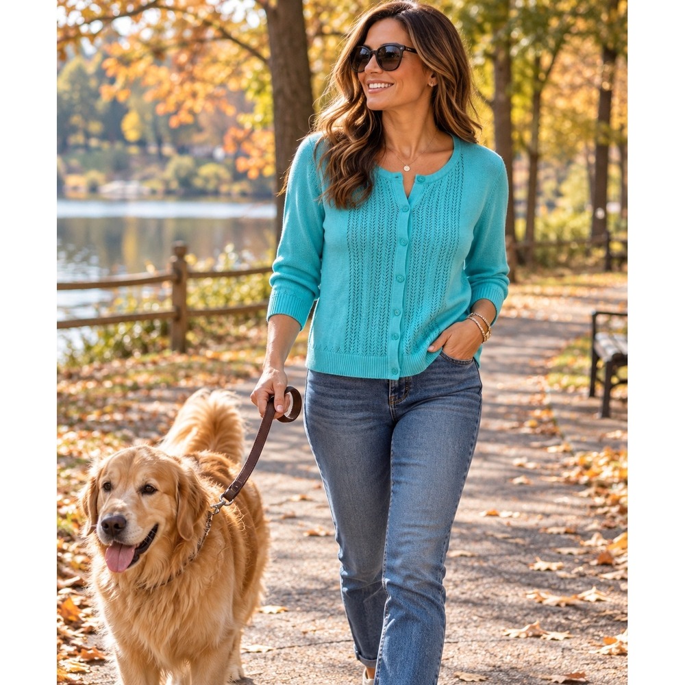 CJ Banks Cardigan Women 1X Pale Turquoise Blue  Pointelle Knit Cotton 3/4 Sleeve